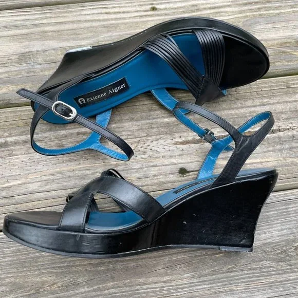 Etienne Aigner Women Shoes Wedge Heel Black Leather Upper Sandal Size 9M - Picture 11 of 12